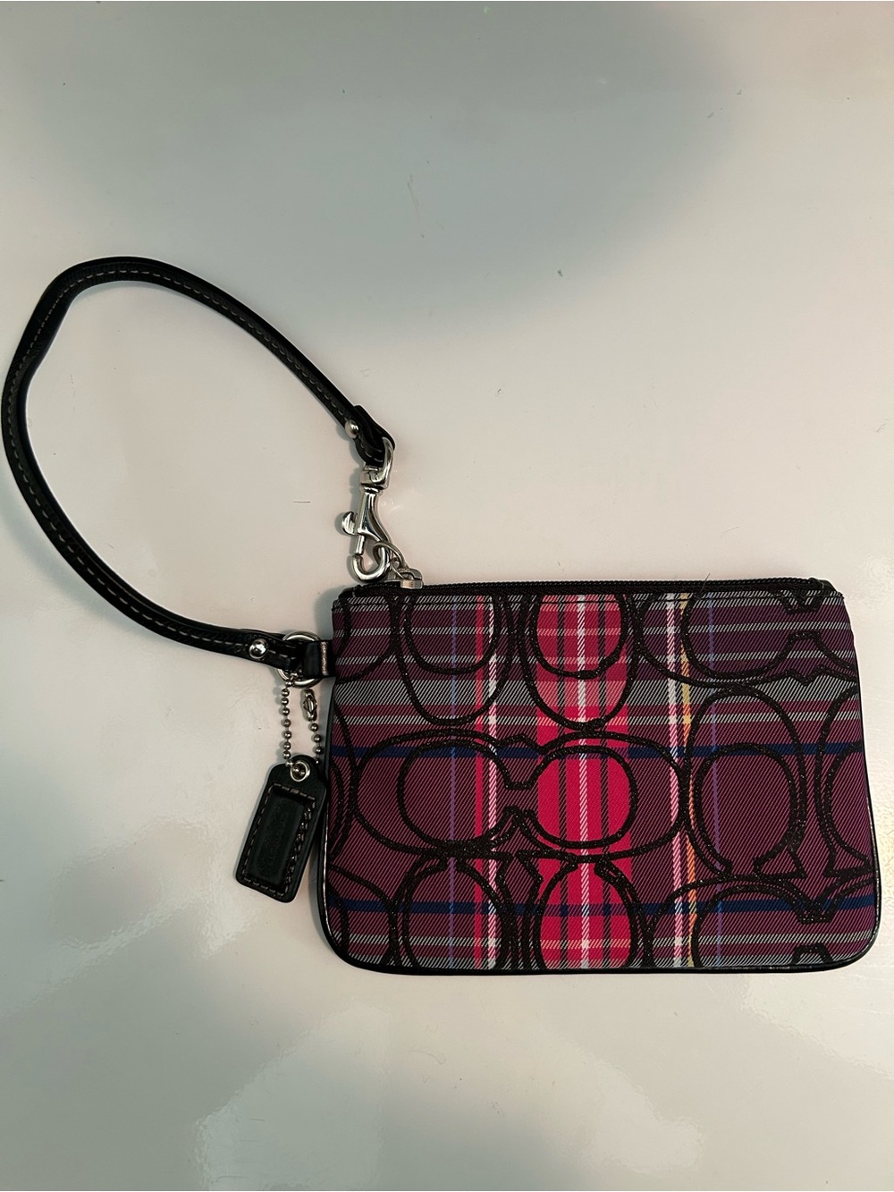 Coach Plaid Signature Wristlet in Burgundy and Pink